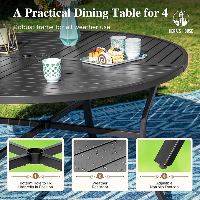 HERA'S HOUSE 5 Pieces Outdoor Dining Sets, Round Table with 4 Armrest Chairs, Patio Table and Chairs for Lawn Porch Backyard Restaurant
