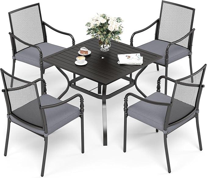 Patio Table and Chairs Set of 4, All-Weather Breathable Metal Mesh Patio Chair with Gourd-Shaped Armrests, 37x37 Square Table with Umbrella Hole, 5 Pcs Metal Frame Patio Dining Set