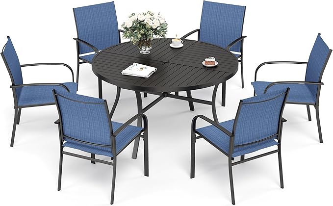 7 Piece Outdoor Dining Set for 6, 54" Round Metal Table with Umbrella Hole, 6 Blue Dining Chairs, Patio Table and Chairs Set for Backyard Lawn