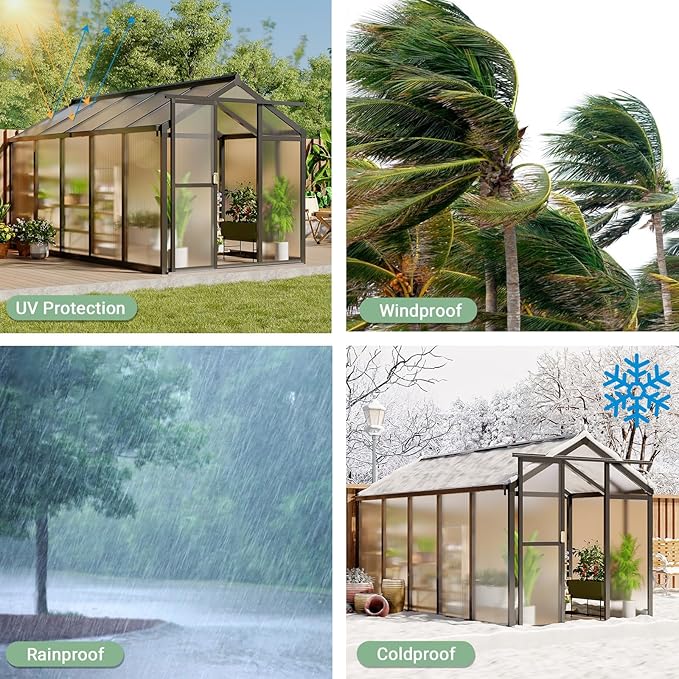 6x10 FT Greenhouse, Greenhouse for Outdoors, Polycarbonate Greenhouses with Quick Setup, Aluminum Frame and Roof Vent, Lockable Door for Backyard, Green Houses for Outside Garden Backyard, Patio