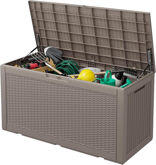 LHBcraft 100 Gallon Outdoor Storage Box Waterproof, Lockable Patio Storage Boxes Outdoor Waterproof for Furniture, Resin Deck Box Doubles as 2-Person Bench Seat, Gardening Tools, Grey