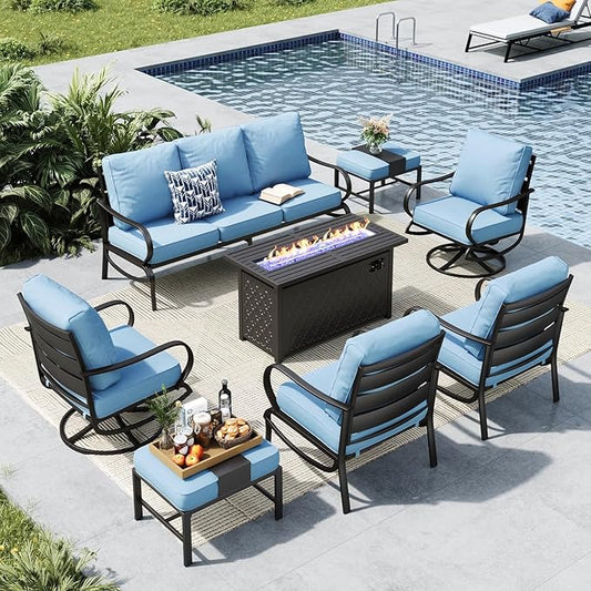MFSTUDIO 8 Pieces Patio Furniture Sets with 45" Gas Fire Pit Table(Up to 9 Seat),Outdoor Metal Conversation Sofas with 1 x 3-Seat Sofa, 2 Single Chairs,2 Swivel Chairs and 2 Ottoman,Blue Cushion