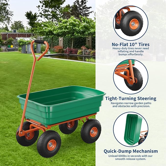 All-Terrain Garden Dump Cart with Removable Bed | 600Lb Heavy Duty Utility Wagon for Yard Work | 180° Pivoting Handle for Easy Control | Hauls Soil, Plants, Tools with Ease