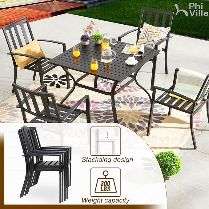 PHI VILLA 5 Piece Outdoor Dining Set with 10ft Umbrella, 37" Square Metal Dining Table & 4 Stacking Metal Chair with 3 Tier Navy Umbrella for Patio, Deck, Yard, Porch