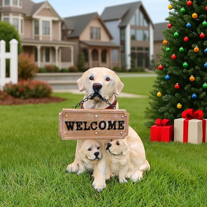 Labrador Retriever Outdoor Dog Family Statue with Reversible “Welcome/ON Patrol” Hanging Plaque and Solar Lantern, Yellow Mom with Two Puppies, Sitting Yard Greeter