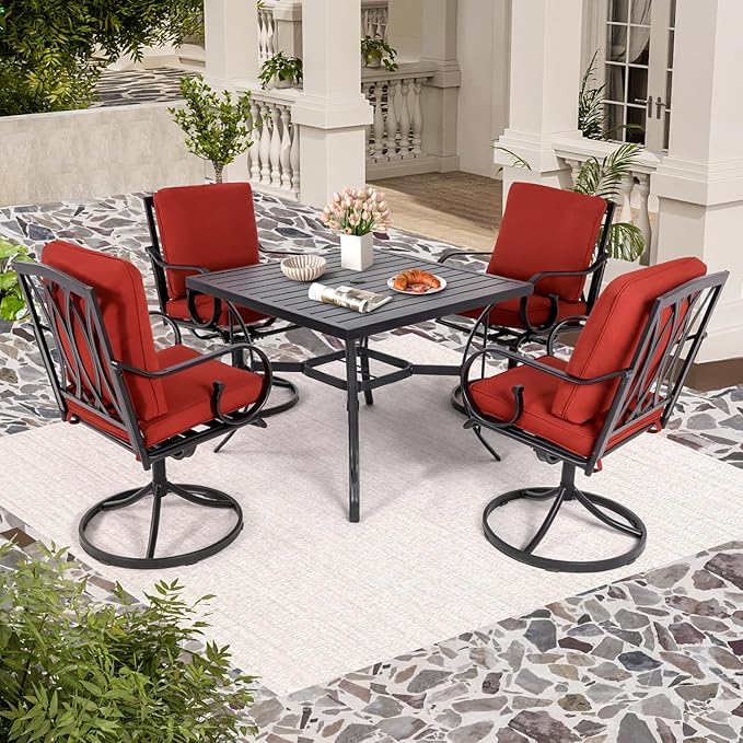 MELLCOM Patio Swivel Chairs Set of 2, Heavy Duty Outdoor Dining Chairs with Thickened Cushions, Metal Patio Chairs Gentle Rocker for Outside, Backyard, Red