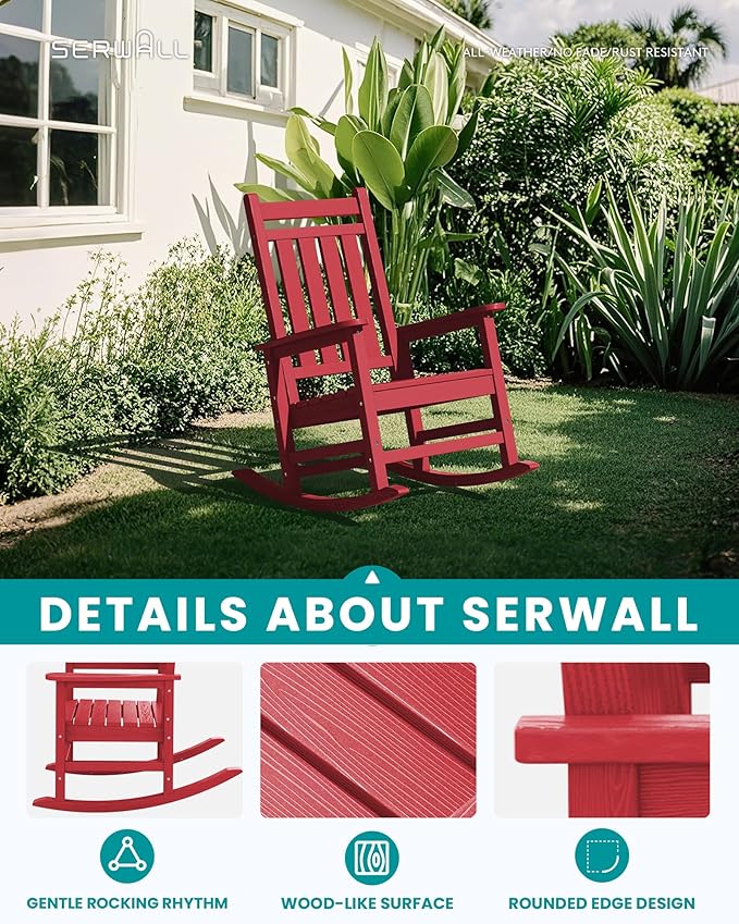 SERWALL Oversized Outdoor Rocking Chair Set of 2, HDPE Rocker for Adults, Patio Rocking Chairs for Porch, Red
