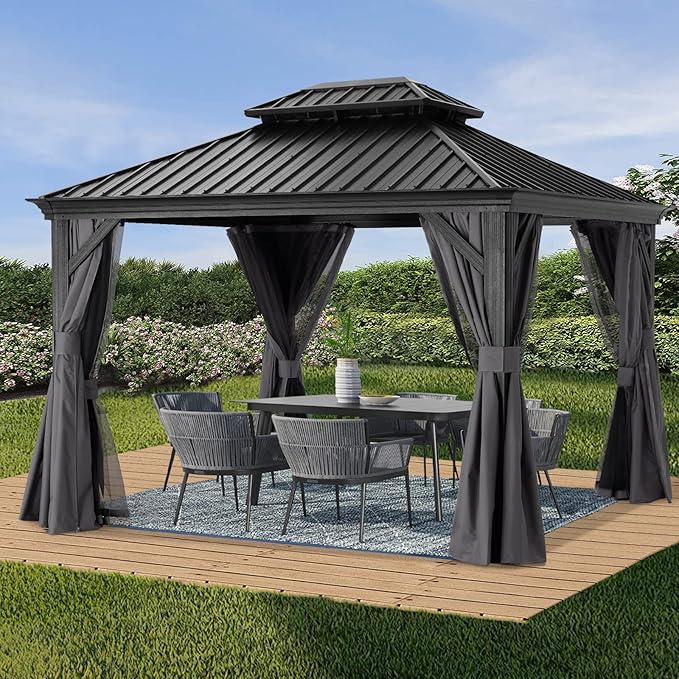 ABCCANOPY Hardtop Gazebo 10x12 - Outdoor Metal Hard Top Gazebo, Permanent Galvanized Steel Aluminum Framed Pavilion with Netting and Curtain for Patio Backyard Lawn Garden (Double Roof, Gray)