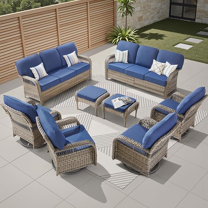 8 Pieces Patio Furniture Set Outdoor Sectional Sofa Couch with Rocking Swivel Chairs 5" Deep Seat Chairs, Modern Wicker Rattan Conversation Set, Blue/Gray Wicker