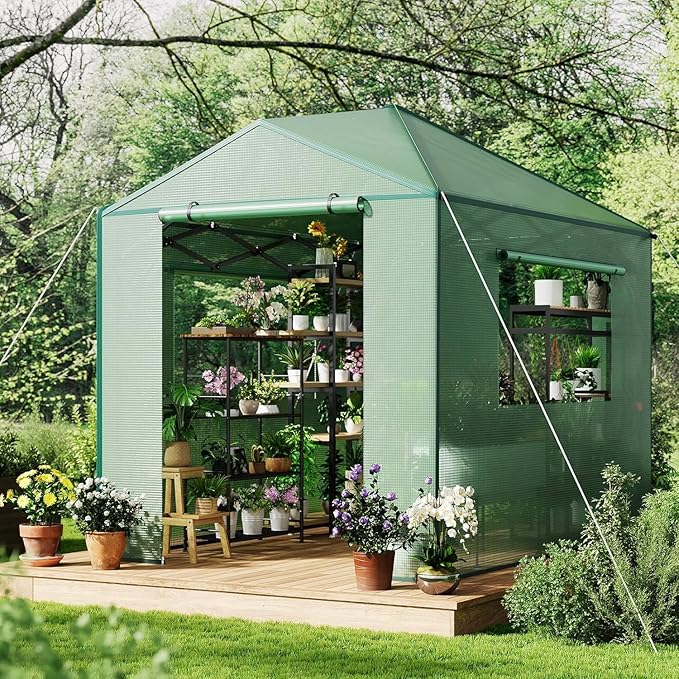 6x8FT Instant Pop-Up Walk-in Greenhouse, Plant Hot House with Galvanized Steel Frame, Green PE Cover, Roll-Up Zipper Door, Portable Large Plant Tent with Ground Pegs & Ropes for Stability