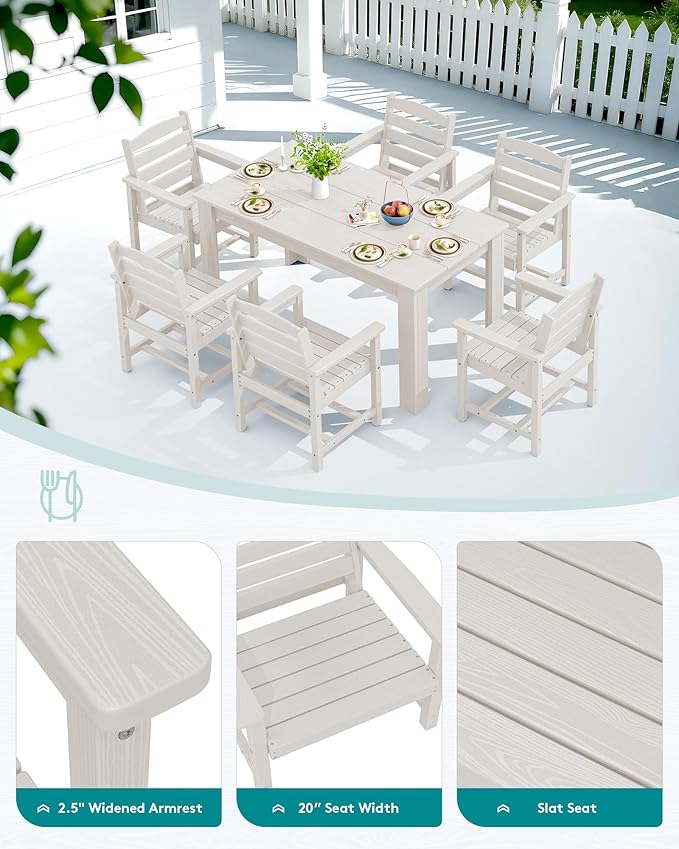 SERWALL Patio Dining Set for 6, Outdoor Dining Sets for 6 Person with 1 Umbrella Hole Cut-Out Rectangular Table and 6 Chairs, HDPE Dining Sets for Garden, Backyard, Poolside, White