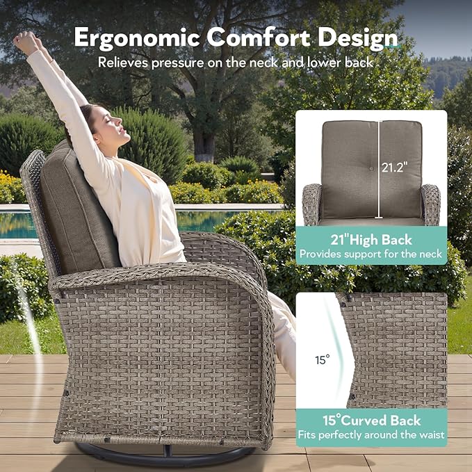 7 Piece Patio Furniture Set with Fire Pit Table - Wicker Patio Conversation Set with Swivel Glider, 3 Seat Sofa, Side Table and 2 Ottomans for Deck Backyard - Grey Wicker Grey Cushion