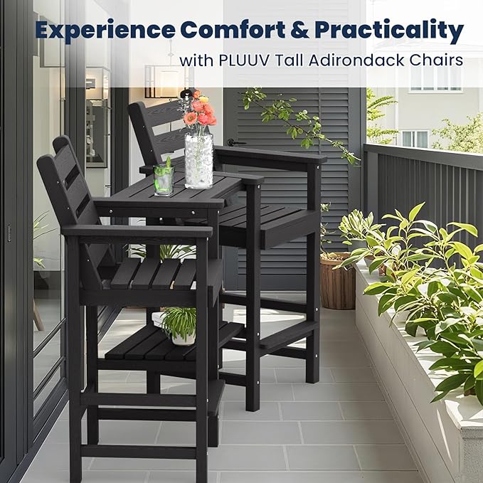 Tall Adirondack Chairs Set of 2, All Weather HDPE Poly Bar Height Balcony Adirondack Chair with Removable Double Connecting Trays, Outdoor Adirondack Barstools for Deck, Patio, Yard, Pool, Lawn
