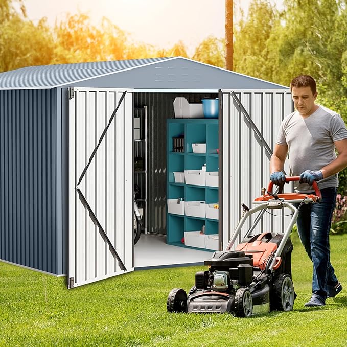 10x10 FT Outdoor Metal Storage Shed, Large Metal Storage Sheds with Sturdy Frame Structure, Garden Tool Shed with Lockable Door for Garden, Lawn, Backyard, Gray