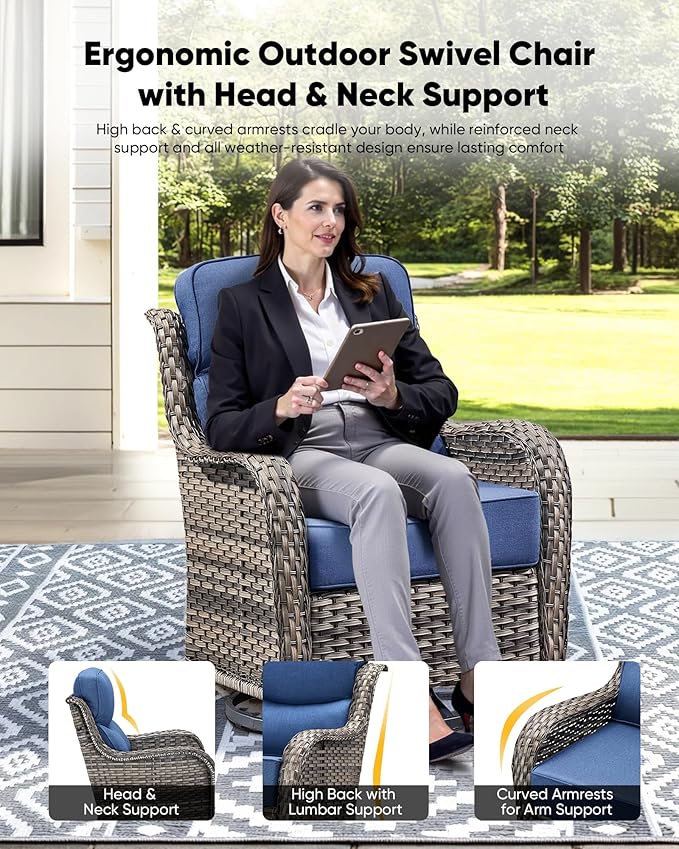 HUMMUH Outdoor Patio Wicker Swivel Rocker Chairs with 6-Inch Thick Cushion High Back 3 PCS Wicker Conversation Set for Porch Balcony Deck