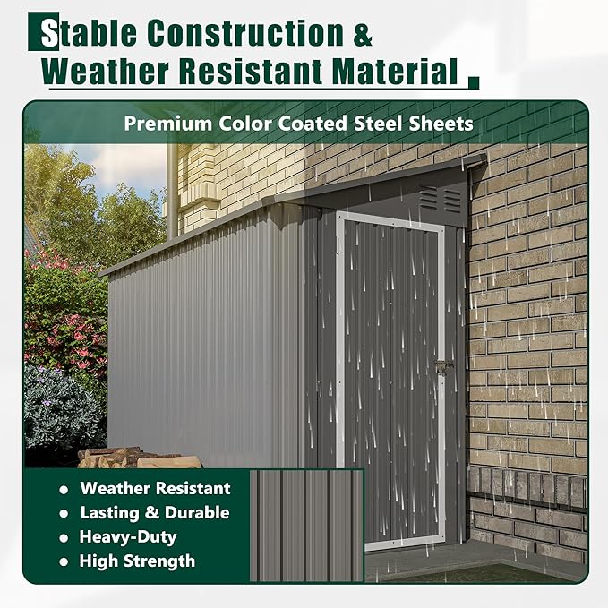 4×8 FT Lean to Metal Shed,Outdoor Heavy-Duty Storage Shed with Floor Base,All Weather Waterproof Garden Tool House W/Lockable Door&2 Air Vents,Reversible Door Design,for Backyard,Patio,Lawn,Gray