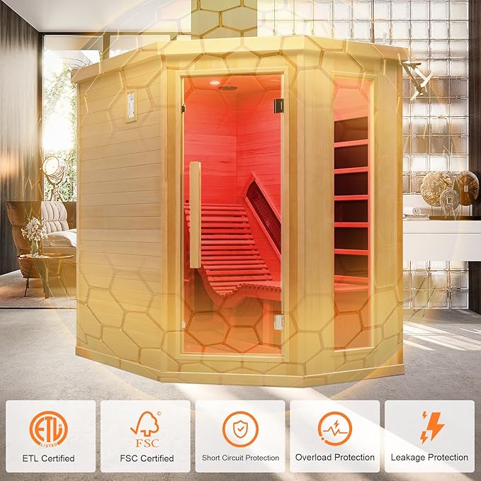 Infrared Sauna Room with Recliner, One Person Infrared Sauna Home, 220V，2300W, 4 Heating Tubes, 4 Carbon Crystal Heating Panel, Bluetooth Speakers, 7 Color Light, Oxygen Bar（Open Door Right ）