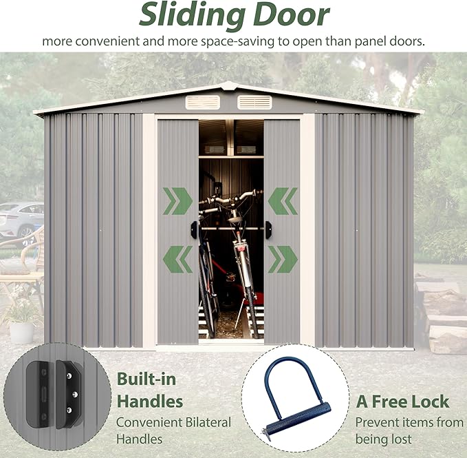 8x10 FT Outdoor Storage Shed, Metal Steel Utility Tool Shed Storage House with Double Lockable Doors & Air Vent for Backyard Garden Patio Lawn Gray