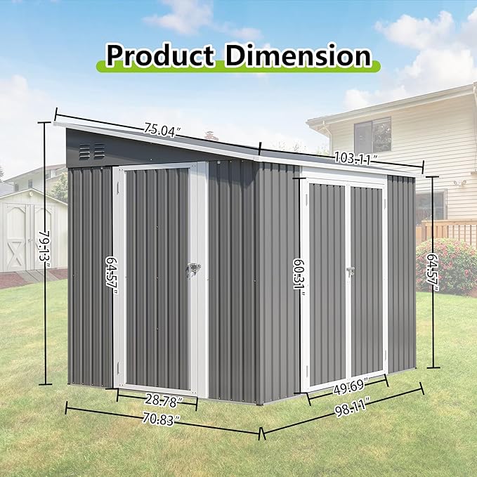 6x8FT Lean to Sheds Metal Outdoor Storage Shed with Floor Frame,Large Tool&Lawn Mower Shed with Two Lockable Doors for Garden Backyard Patio Storage,Outside Waterproof Storage Shed