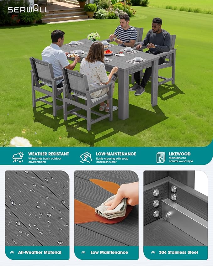 SERWALL 5 Piece Outdoor Dining Table Sets for 4 with 1 Umbrella Hole Cut-Out Rectangular Table and 4 Textilene Chairs, HDPE Dining Table Sets for Garden, Backyard, Poolside, Gray