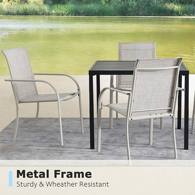 5 Pieces Round Dining Table Set for 4, Patio Dining Set Includes 4 Grey Stackable Patio Chairs and 1 Black Square Table, Patio Furniture Setss with Sling Support for Outside, Garden