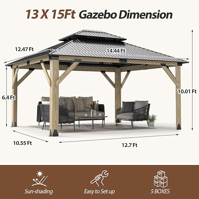 13'x15' Wood Gazebo,Outdoor Hardtop Gazebo with Galvanized Steel Doule Roof, Wooden Frame Gazebos for Patio Backyard Deck