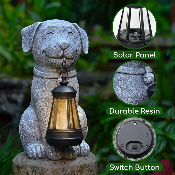 Dog Solar Garden Outdoor Statues, Resin Dog Figurine Decorations with Solar Lights Lantern for Patio, Balcony, Home, Yard Art, Lawn Ornaments, Porch, Garden Gifts for Grandma Mom Women