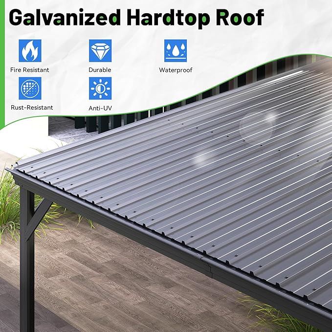 12x20FT Lean to Gazebo, Outdoor Hardtop Wall Mount Gazebo with Gutter & Sloping Galvanized Steel Roof, Metal Hard Top Awnings for Deck, Porch, Backyard