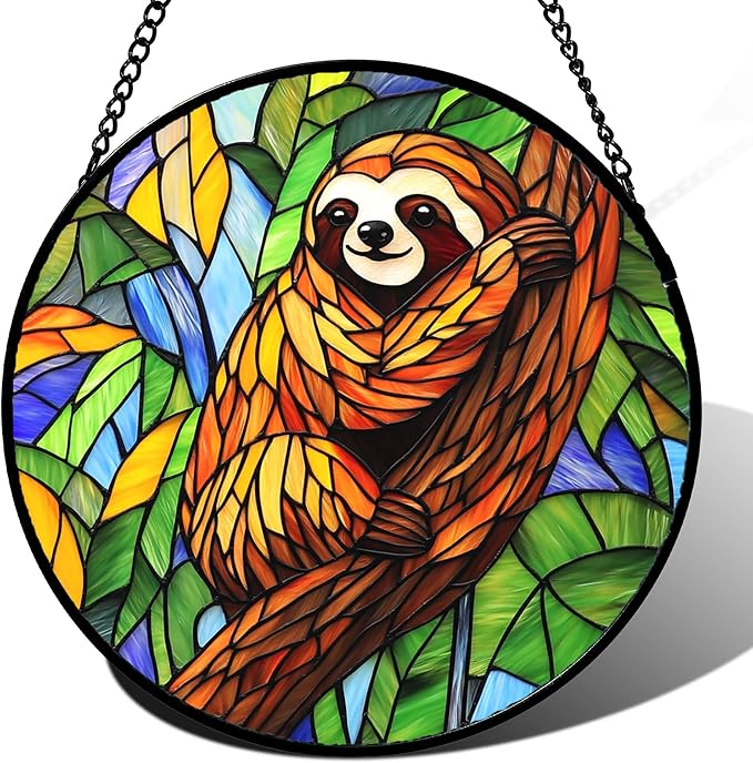 Stained Glass Window Hanging - Funny Sloth Suncatcher for Doors Garden Patio Cute Sun Catchers Decor Christmas Mother's Day Birthday Teenager Gifts for Women Men Mom Nana Friend 15 in