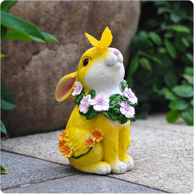 Solar Resin Rabbit Garden Outdoor Statue – Yellow Bunny Figurines with LED Floral Wreath & Butterfly, Decor for Patio Lawn Porch Yard Ornaments for Mom Grandma Wife