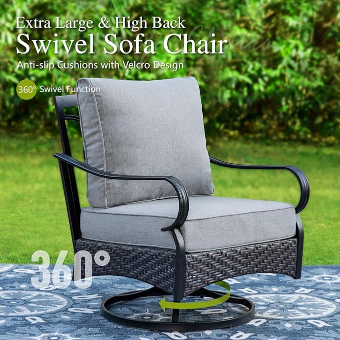 Sophia & William Patio Furniture Set, 4 Piece Metal Outdoor Conversation Set with 3-Seater Outdoor Couch, 2 Swivel Chairs, 1 Coffee Table for Outdoor Seating, Backyard, Porch(Grey)