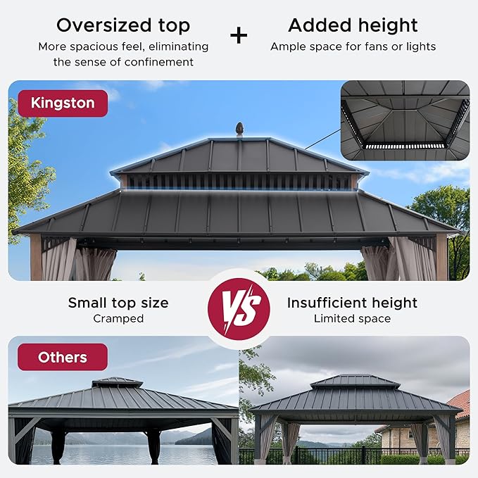 SUNJOY Kingston 14' x 12' Hardtop Gazebo with Galvanized Steel Double Roof, Curtain and Netting, Woodgrain Finish Aluminum Posts Permanent Pavilion Gazebo for Garden, Patio, Deck, Lawn