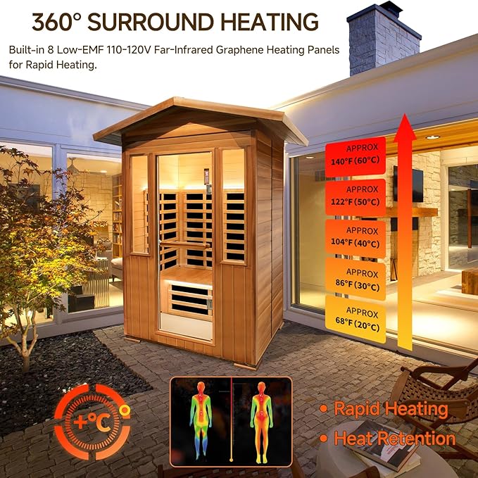 Outdoor Sauna 2 Person Sauna Outdoor Infrared Sauna 2-Person for Home 1800w Outdoor Saunas for Home Canadian Hemlock and Red Cedar Wood Sauna Outdoor Two Person Far Infrared Sauna Low EMF for Backyard