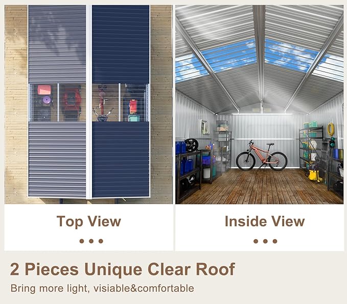 Metal Storage Shed 10x10 FT Large Outdoor Tools House with Unique Clear Roof Skyview Windows Air Vents Door for Garden Patio Lawn Backyard to Store Bikes,Lawnmower,Garage,Dark Grey