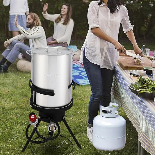 Turkey Fryer Pot with Basket and Burner, 54000-Btu Propane Fryers, include 30qt Deep Pot & 10qt Fish Fryer, Aluminum & Iron, Rapid Heating, Complete Outdoor Cooking Kit for Boiling and Frying, Silver
