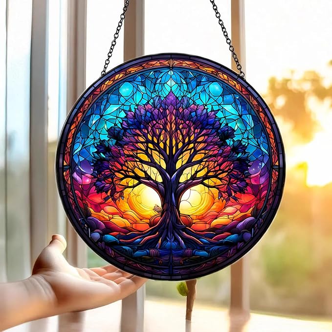 Tree of Life Suncatcher -7.9 in Stained Glass Window Hanging Catcher Garden Decor