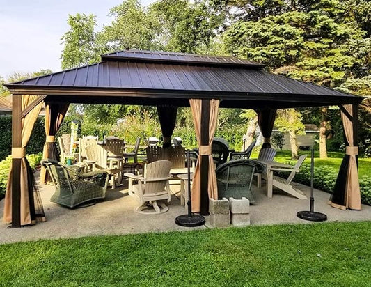 PURPLE LEAF 12' X 20' Outdoor Hardtop Permanent Galvanized Steel Gazebo Double Roof Canopy Aluminum Frame Patio Garden Pavilion with Netting and Curtains
