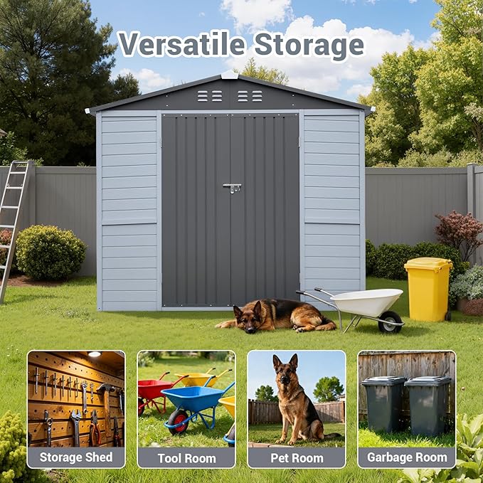 Galvanized Steel Frame & Solid Cedar Wood Wall Shed | 8x8ft Outdoor Storage Shed with Waterproof Roof & Wind Resistance, Lockable Double Doors for Garden, Lawn, Patio Organization