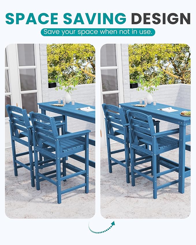 SERWALL Outdoor Bar Table and Chairs Set, Adirondack Bar Chairs Set of 2 and Bar Height Table, All Weather HDPE Outdoor Patio Bar Set, Outdoor Furniture for Outside, Poolside, Backyard, Garden, Blue