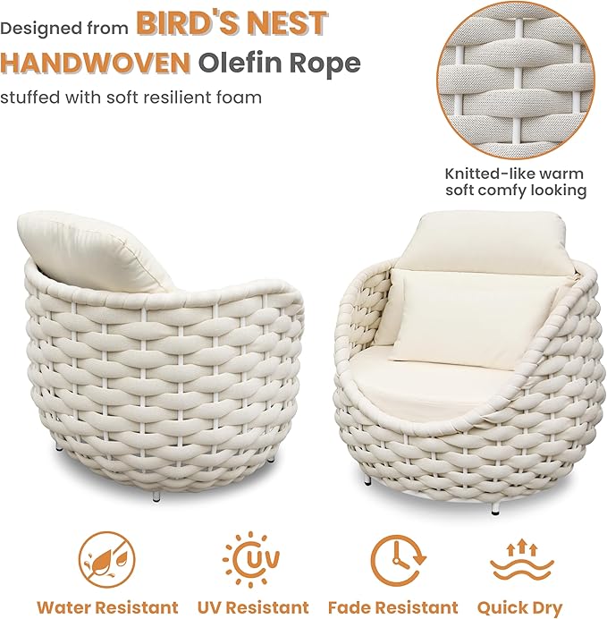 Patio Accent Chairs Set of 2: Aluminum Porch Lounge Chair with Arms - Woven Rope Cushioned Armchair - Modern One Seater Sofa - Outdoor Deck Furniture for 400lbs Balcony Yard Garden Hotel, Beige