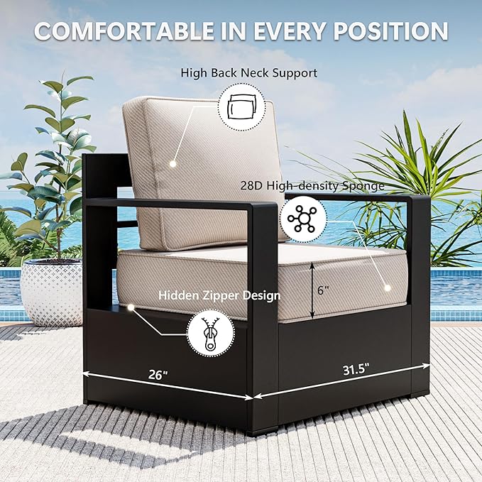 Outdoor Patio Furniture Set, 6-Piece Aluminum Patio Conversation Set All-Weather Metal Outdoor Sectional with 6 Inch Thick Cushions, Deep Setting for Garden, Outside and Porch