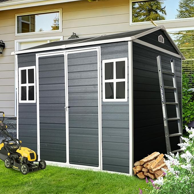 8x6 FT Resin Outdoor Storage Shed with Floor, Windows & Lockable Doors Waterproof All-Weather Garden Shed for Backyard, Patio, and Lawn Equipment Storage, Grey