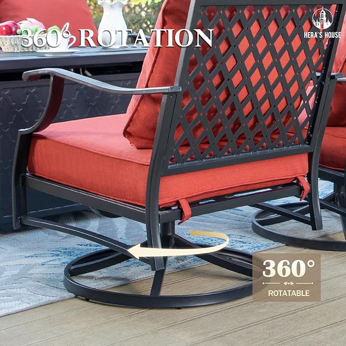 HERA'S HOUSE 6 Piece Patio Furniture Set, 2 x Swivel Cushioned Chair, 2 x Cushioned Ottoman, 1 x 3-Seat Sofa with Marbling Coffee Table, Outdoor Conversation Set for Lawn Garden Backyard, Red