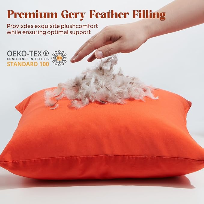 WOLKI Waterproof Outdoor Pillows 22x22 Feather and Down Filled Throw Pillow for Patio Furniture, Outside Decorative Pillow Set of 2 Orange