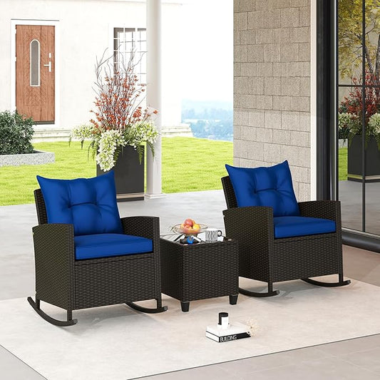 ORALNER 3 Pieces Patio Furniture Set, Outdoor Wicker Rocking Chairs with Soft Cushions, Glass Coffee Table, Rattan Conversation Bistro Set for Front Porch Balcony Garden Deck Poolside (Navy)