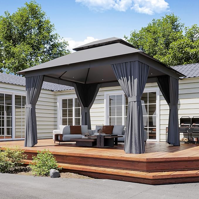 Outdoor Gazebo Metal Frame Patio Pergola Double Roofs Patio Canopy with Double-Layer Door and Mosquito Netting for Deck, Backyard, Lawn (Grey, 10x12FT)
