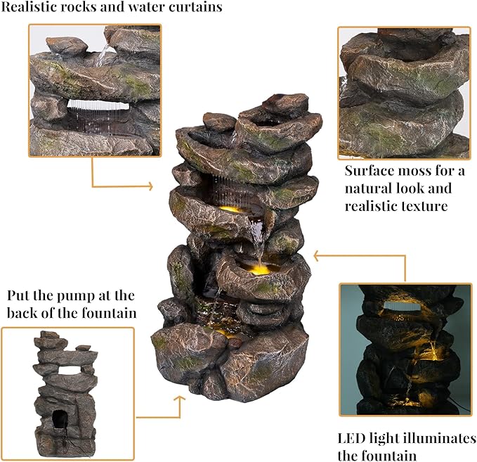 Ferrisland 31.5"H Outdoor Floor Waterfall Fountain, 5 Tier Rustic Rock Freestanding Water Fall Feature with Cascading Streams & LED Lights, Home Décor for Garden, Patio, Yard, Deck & Porch, Gift Ideas