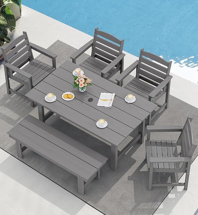 SERWALL Outdoor Dining Set for 6, HDPE Outdoor Furniture with Umbrella Hole & 1 Cushioned Bench & 4 Outdoor Dining Chairs, Grey