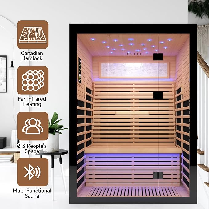 2 Person Infrared Sauna Home Indoor Sauna Canadian Hemlock Wooden Dry Sauna Room Low EMF 2160W with Oxygen Bar, 7 Color Therapy 53.1" x 47.2" x 74.8"