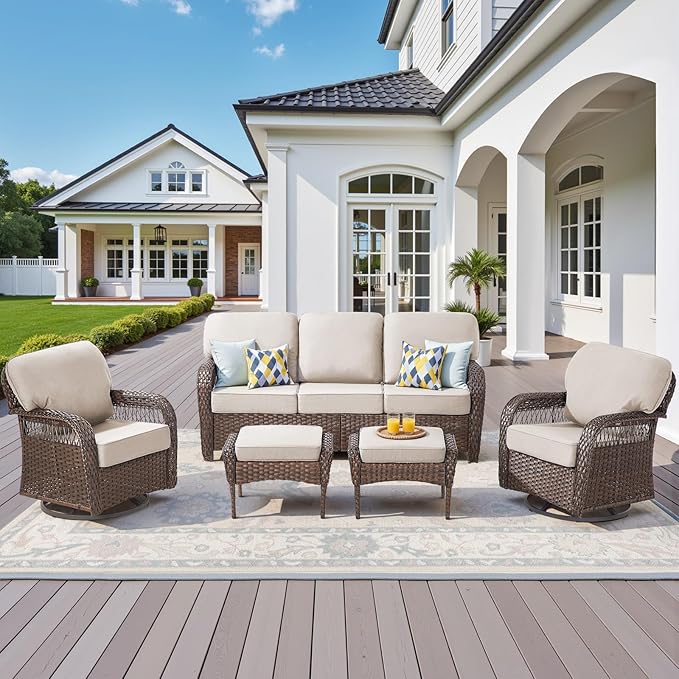 5 Pieces Patio Furniture Set Outdoor Sectional Sofa Couch with Rocking Swivel Chairs 5" Deep Seat Chairs, Modern Wicker Rattan Conversation Set, Beige/Brown Wicker